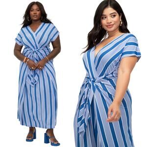 Eloquii Striped Tie Front Maxi Dress Stretchy Knit V Neck Wrap Blue NEW 26/28